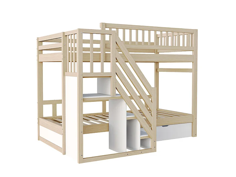 Lits superposés 2 x 90 x 200 cm - avec escalier et tiroir - Pin + Contreplaqué + MDF - Naturel + Blanc