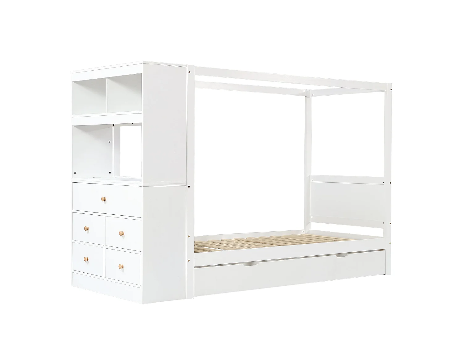 Lit haut enfant 90x200 cm, blanc et bois naturel, avec 5 tiroirs, bureau intégré et barre suspendue, sans matelas