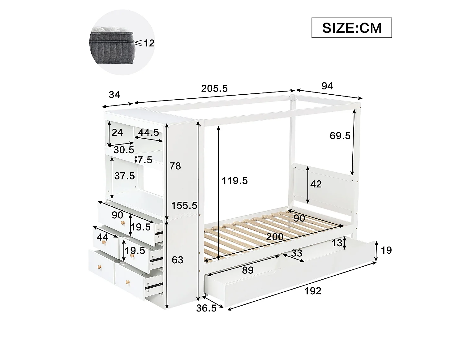 Lit haut enfant 90x200 cm, blanc et bois naturel, avec 5 tiroirs, bureau intégré et barre suspendue, sans matelas