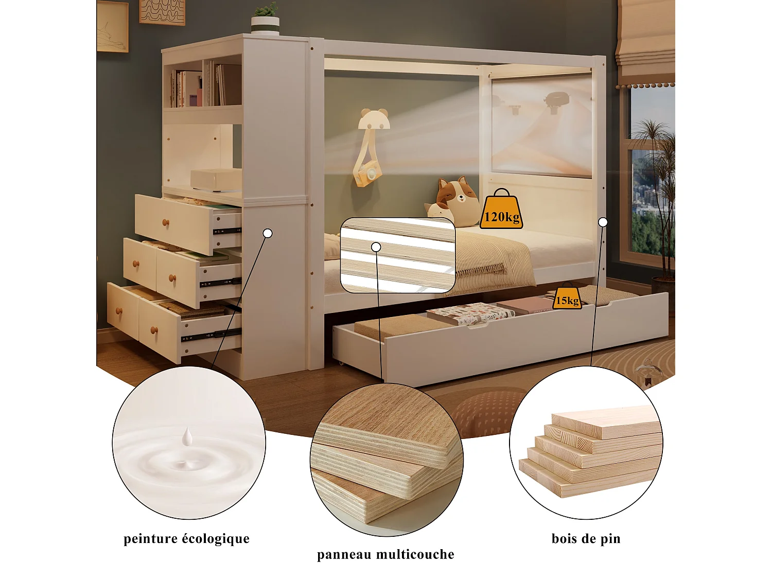 Lit haut enfant 90x200 cm, blanc et bois naturel, avec 5 tiroirs, bureau intégré et barre suspendue, sans matelas