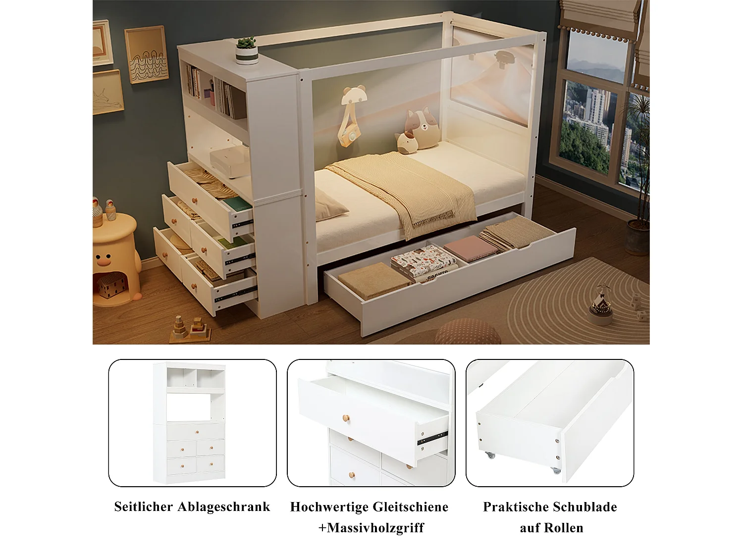 Lit haut enfant 90x200 cm, blanc et bois naturel, avec 5 tiroirs, bureau intégré et barre suspendue, sans matelas