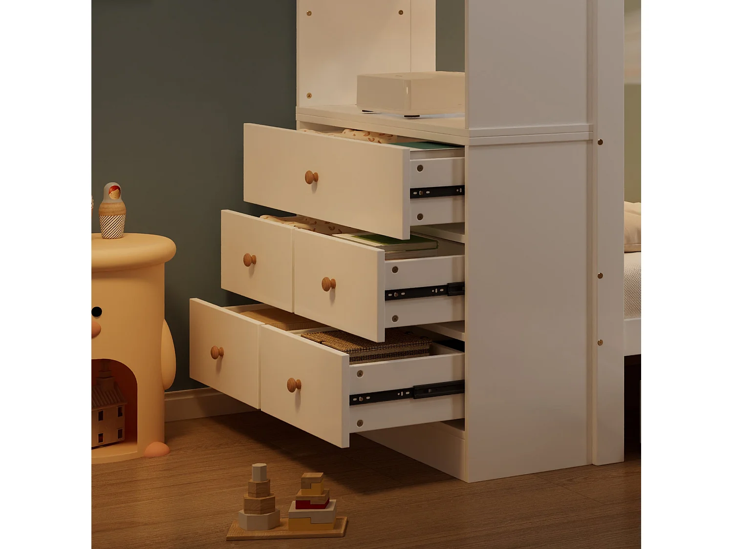 Lit haut enfant 90x200 cm, blanc et bois naturel, avec 5 tiroirs, bureau intégré et barre suspendue, sans matelas