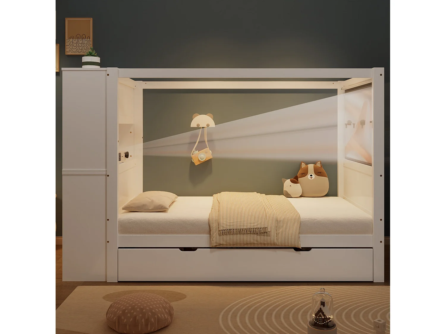 Lit haut enfant 90x200 cm, blanc et bois naturel, avec 5 tiroirs, bureau intégré et barre suspendue, sans matelas