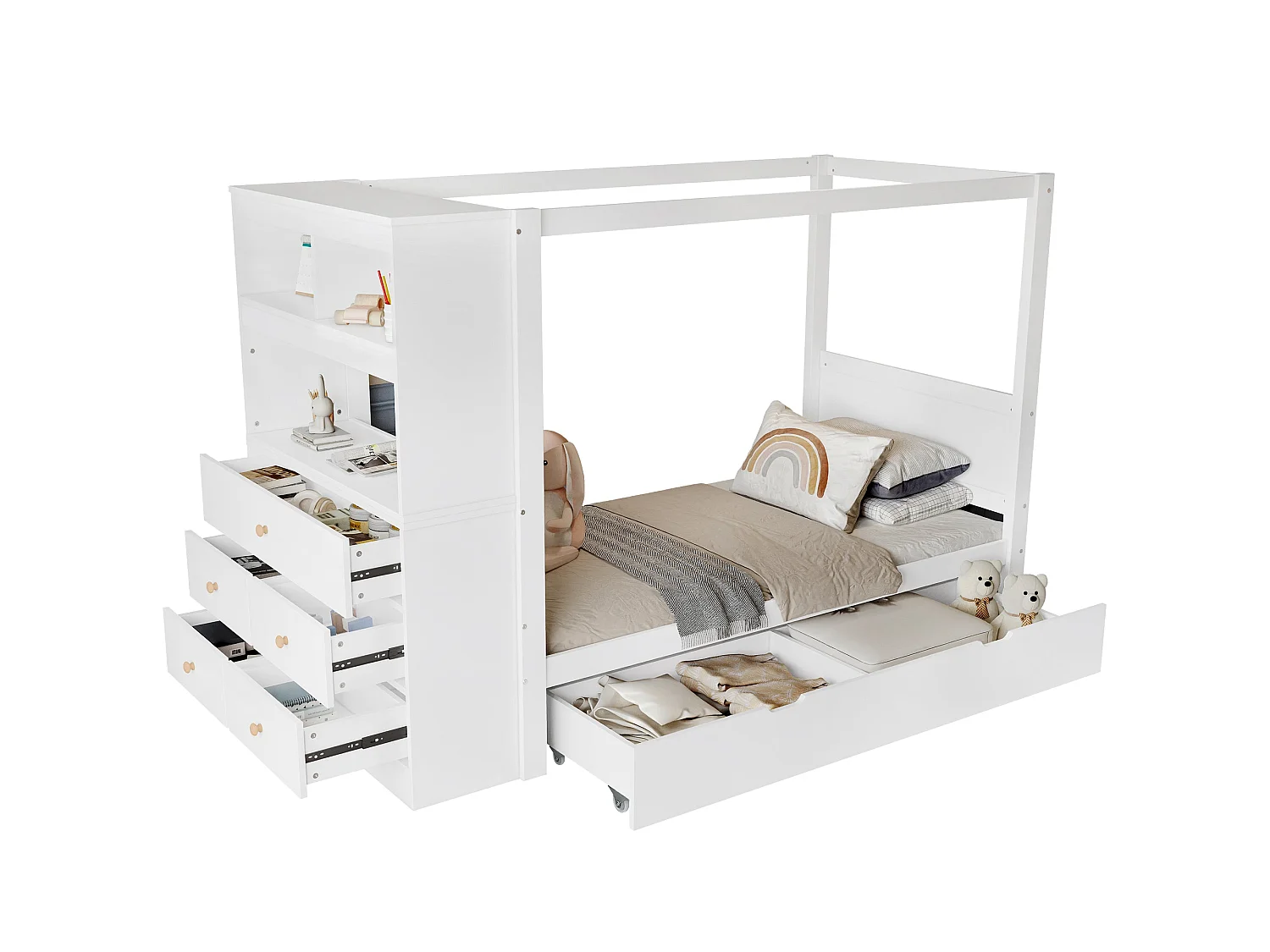 Lit haut enfant 90x200 cm, blanc et bois naturel, avec 5 tiroirs, bureau intégré et barre suspendue, sans matelas