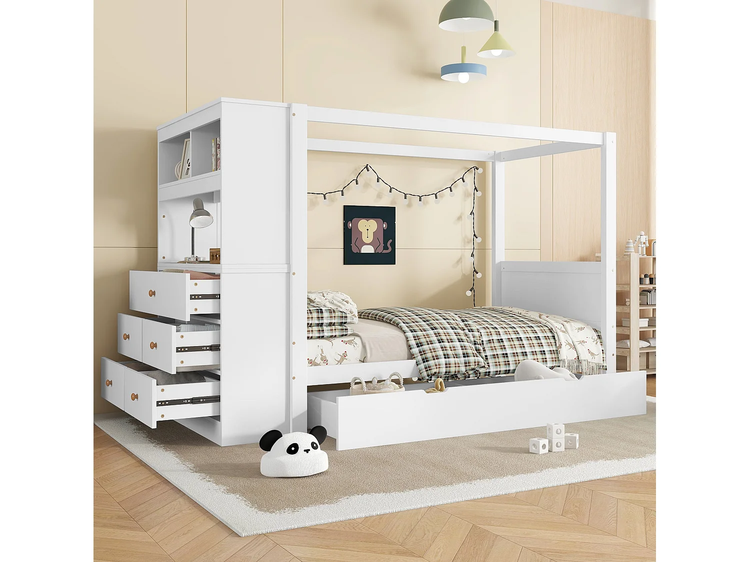 Lit haut enfant 90x200 cm, blanc et bois naturel, avec 5 tiroirs, bureau intégré et barre suspendue, sans matelas
