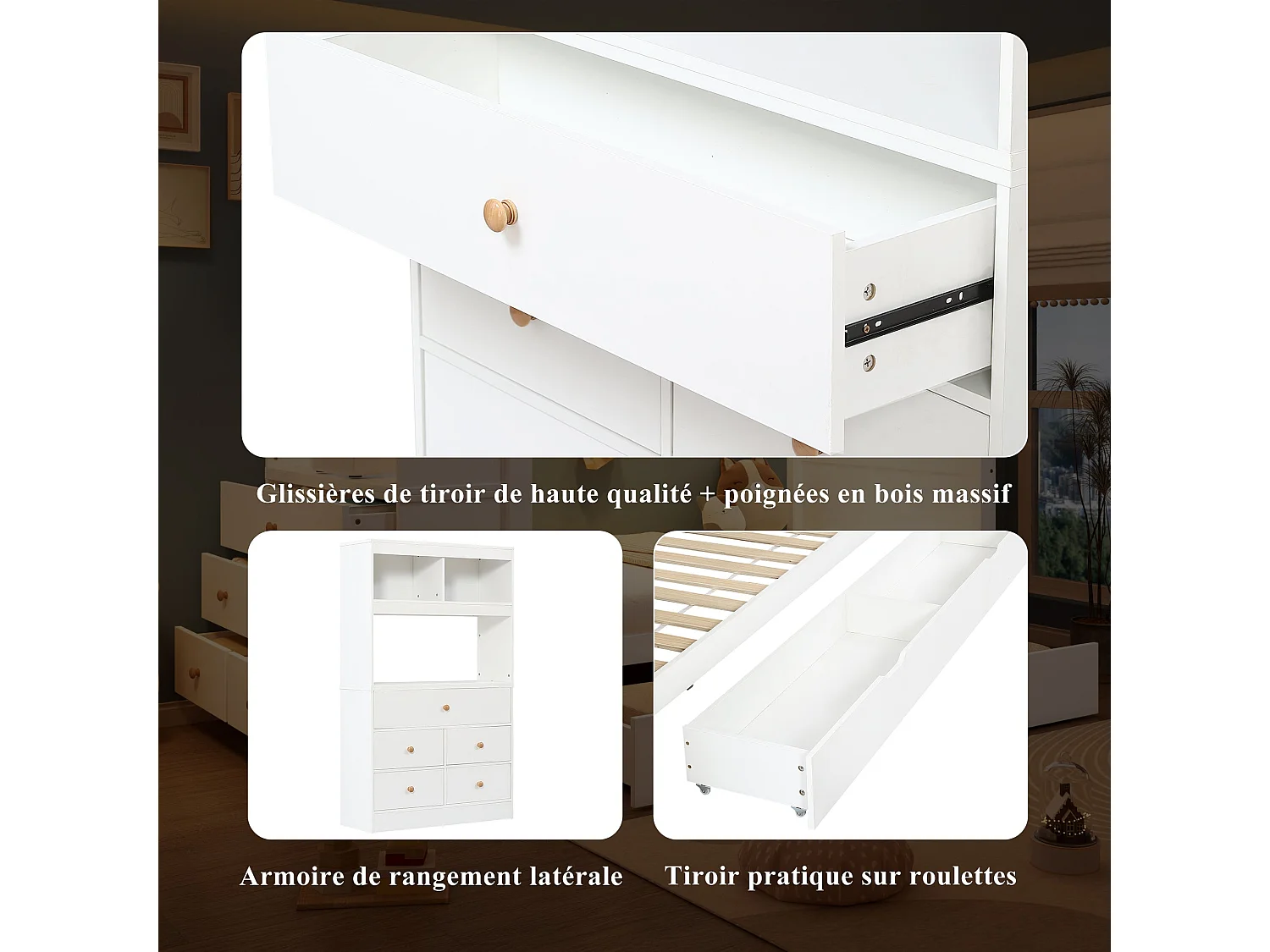 Lit haut enfant 90x200 cm, blanc et bois naturel, avec 5 tiroirs, bureau intégré et barre suspendue, sans matelas