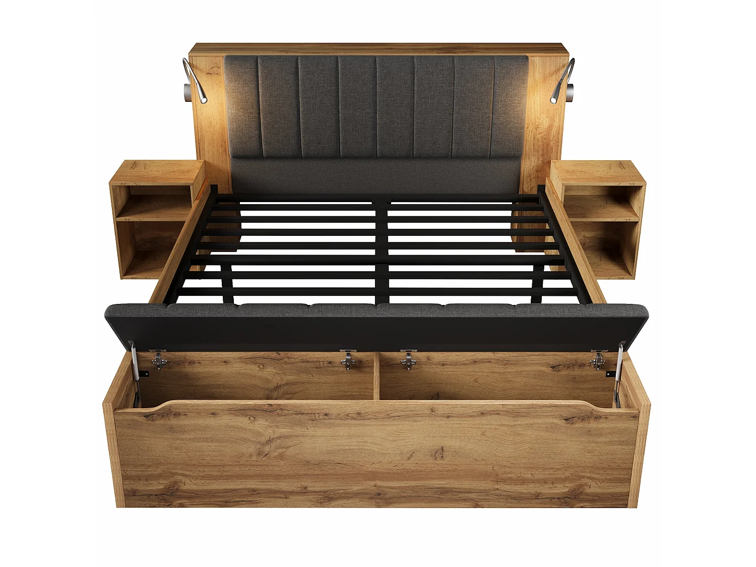 Lit double 180x200 cm, chêne, avec lampes de lecture USB, 2 tables de chevet, banc de rangement et tête de lit pliable, sans matelas