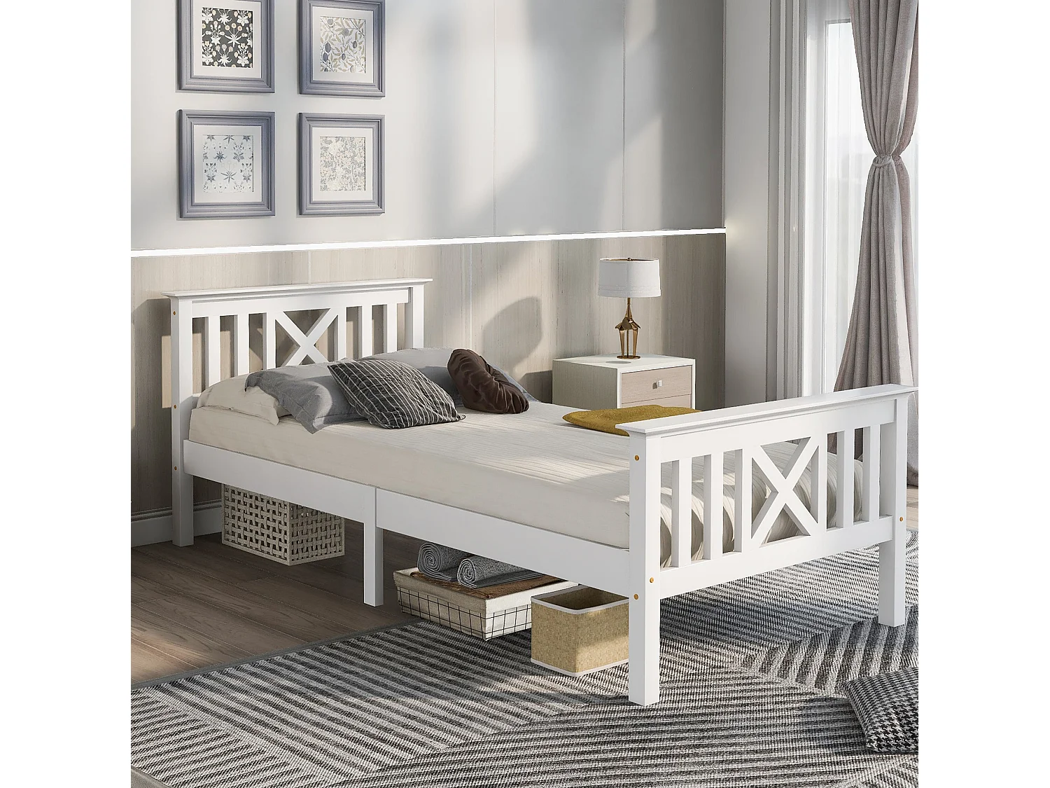 Lit double 140x200 cm, bois massif blanc, avec tête de lit en X, sommier à lattes, sans matelas