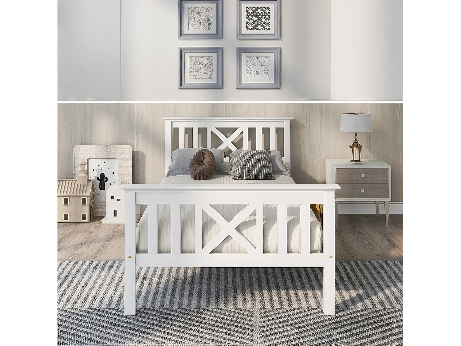 Lit double 140x200 cm, bois massif blanc, avec tête de lit en X, sommier à lattes, sans matelas