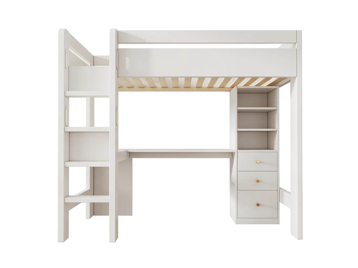 Lit mezzanine 90x200 cm, blanc, avec bureau en L, ports USB et Type-C, rangement intégré, sans matelas