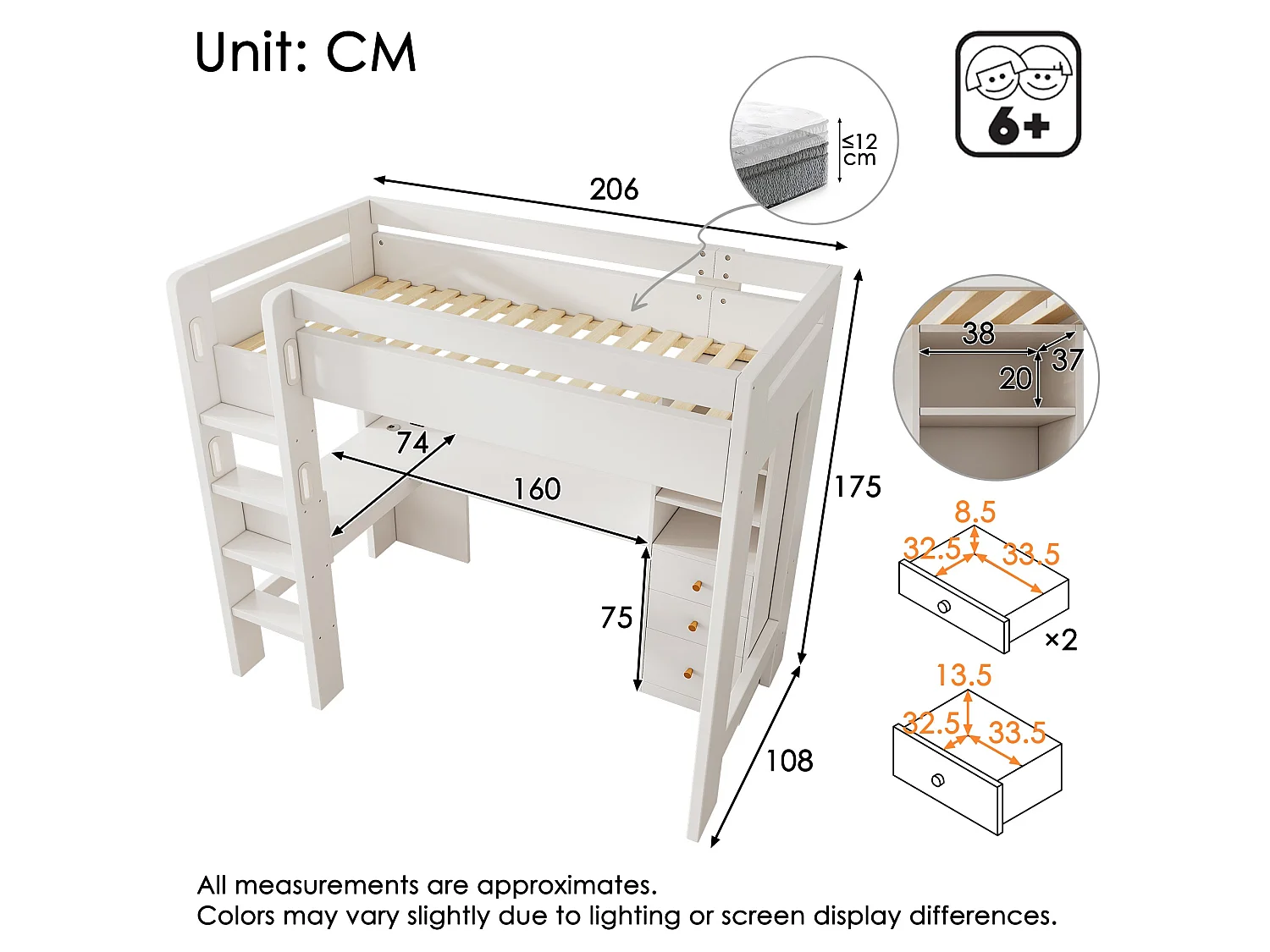 Lit mezzanine 90x200 cm, blanc, avec bureau en L, ports USB et Type-C, rangement intégré, sans matelas