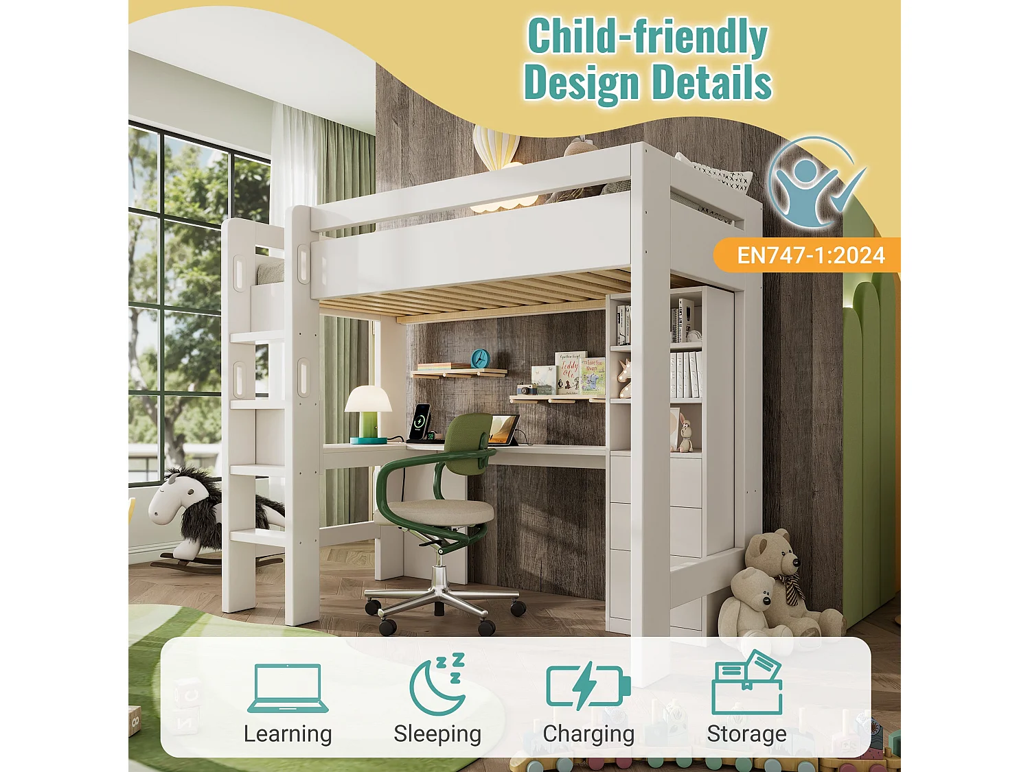 Lit mezzanine 90x200 cm, blanc, avec bureau en L, ports USB et Type-C, rangement intégré, sans matelas