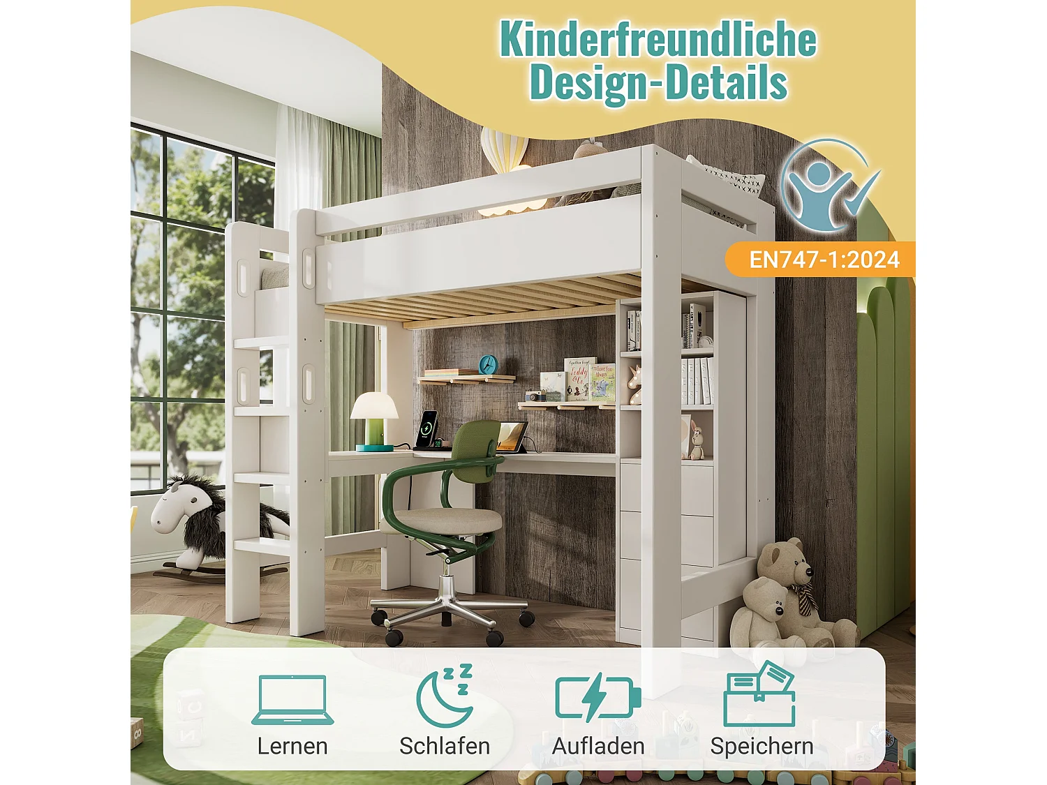 Lit mezzanine 90x200 cm, blanc, avec bureau en L, ports USB et Type-C, rangement intégré, sans matelas