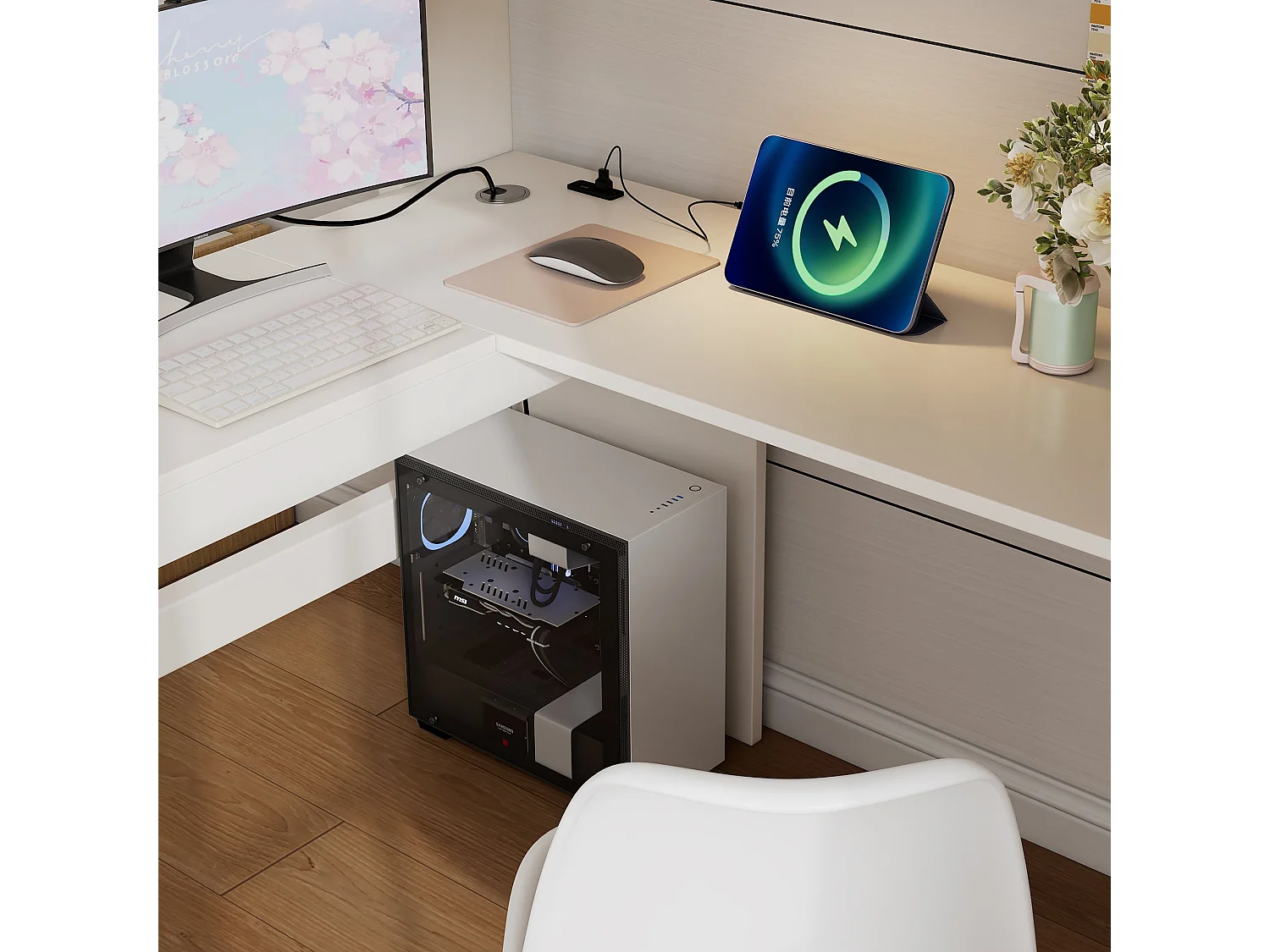 Lit mezzanine 90x200 cm, blanc, avec bureau en L, ports USB et Type-C, rangement intégré, sans matelas