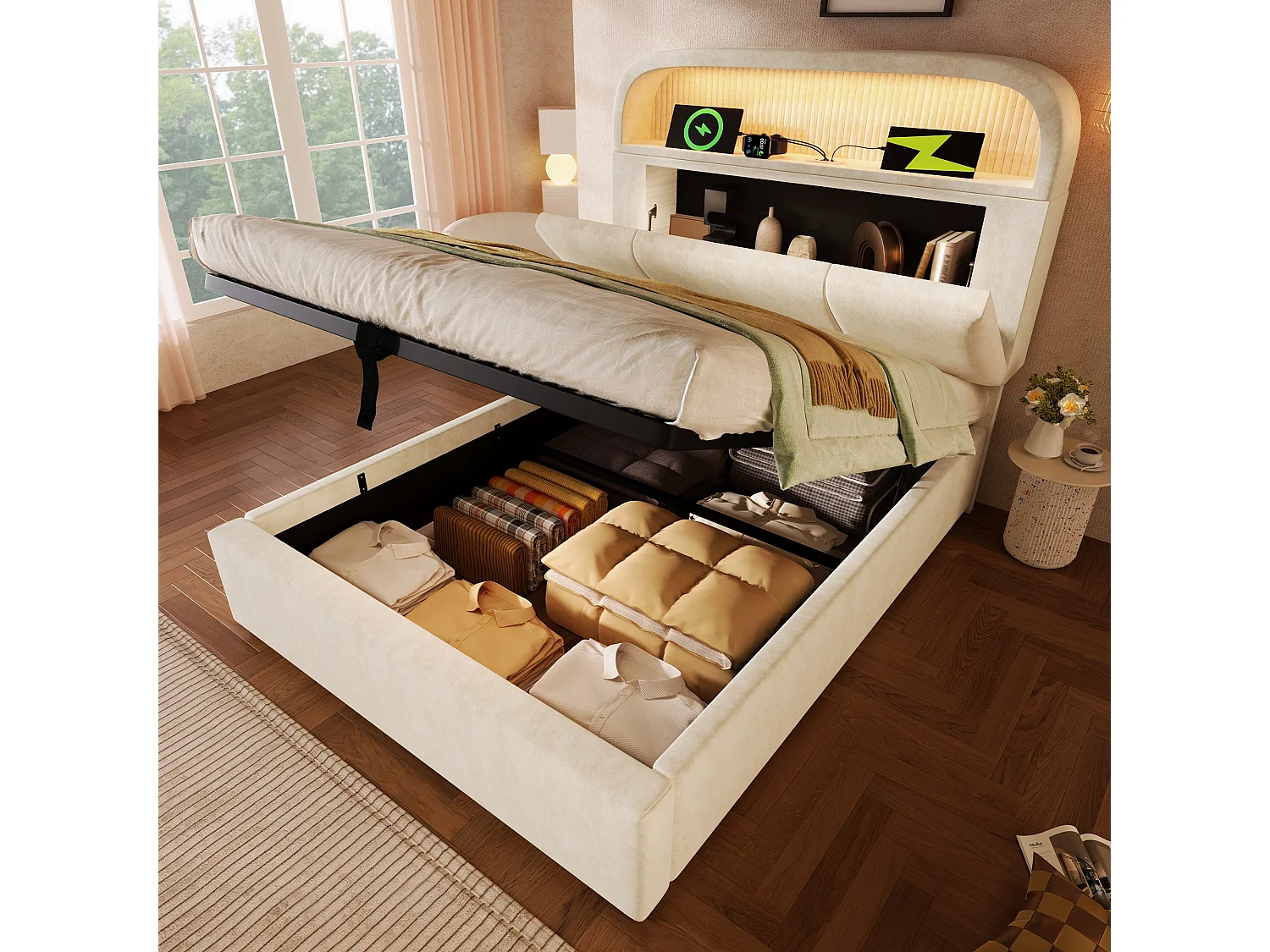 Lit double capitonné 140x200 cm, velours beige, avec LED télécommandé, 3 ports USB et Type-C, rangement hydraulique, sans matelas