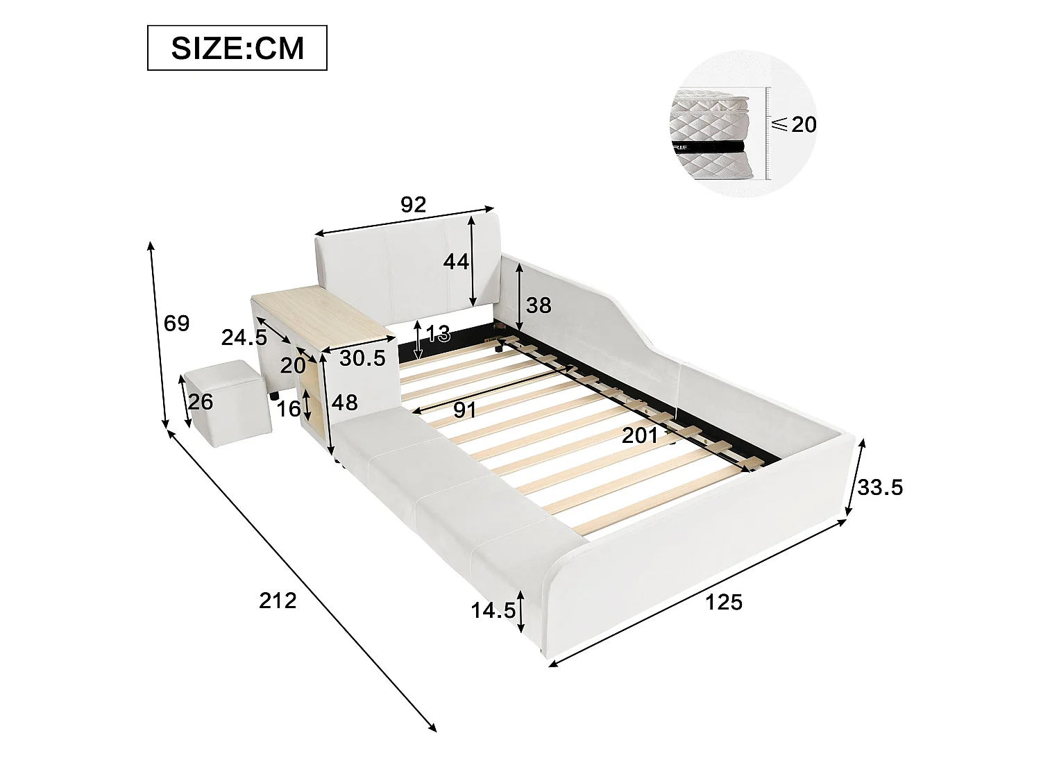 Lit enfant 90x200 cm, velours blanc, avec bureau, tabouret et étagère, sans matelas