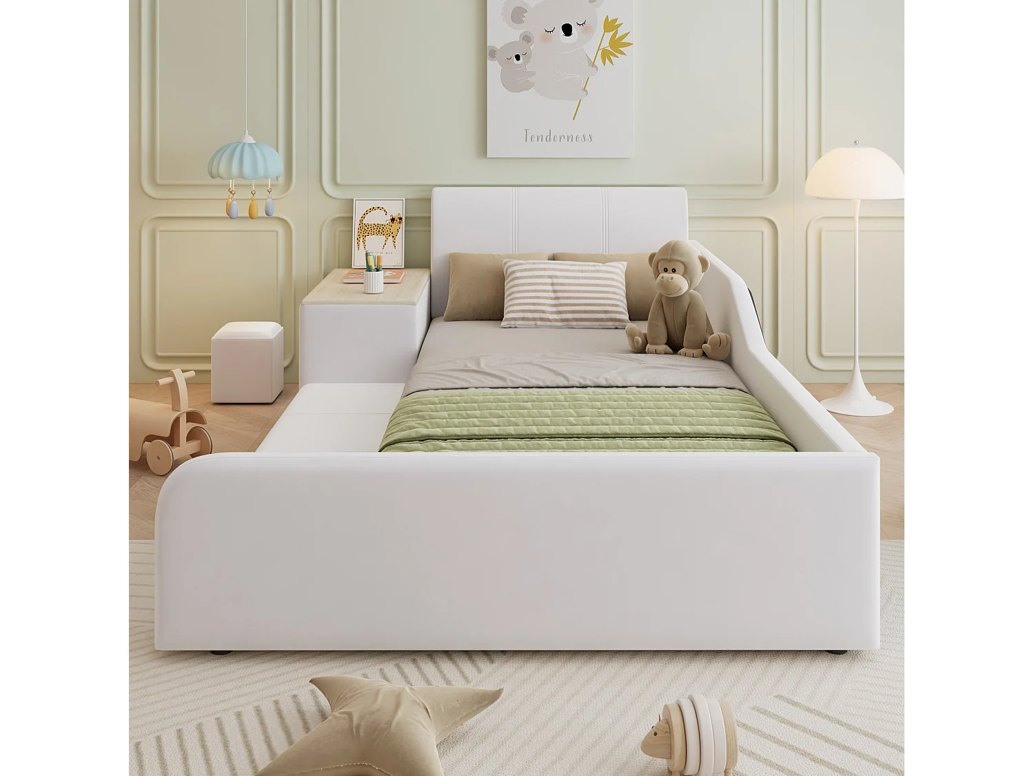 Lit enfant 90x200 cm, velours blanc, avec bureau, tabouret et étagère, sans matelas