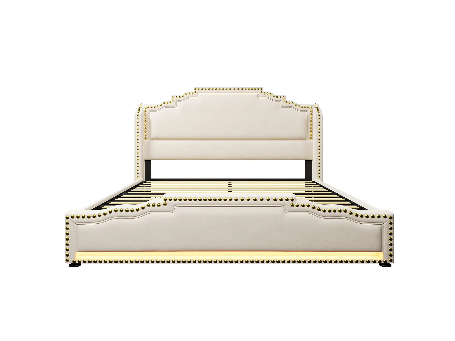 Lit double capitonné 160x200 cm, velours beige, avec LED, ports USB et Type-C, rangement à 4 tiroirs, sans matelas