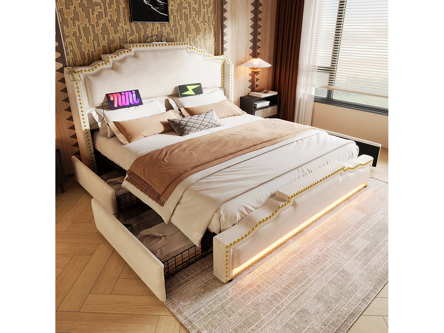 Lit double capitonné 160x200 cm, velours beige, avec LED, ports USB et Type-C, rangement à 4 tiroirs, sans matelas