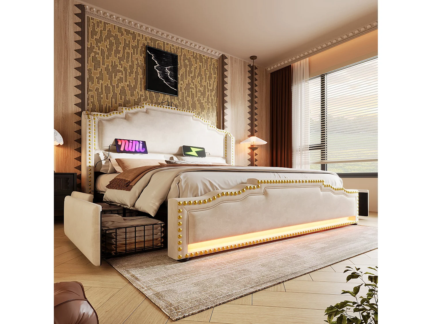 Lit double capitonné 160x200 cm, velours beige, avec LED, ports USB et Type-C, rangement à 4 tiroirs, sans matelas