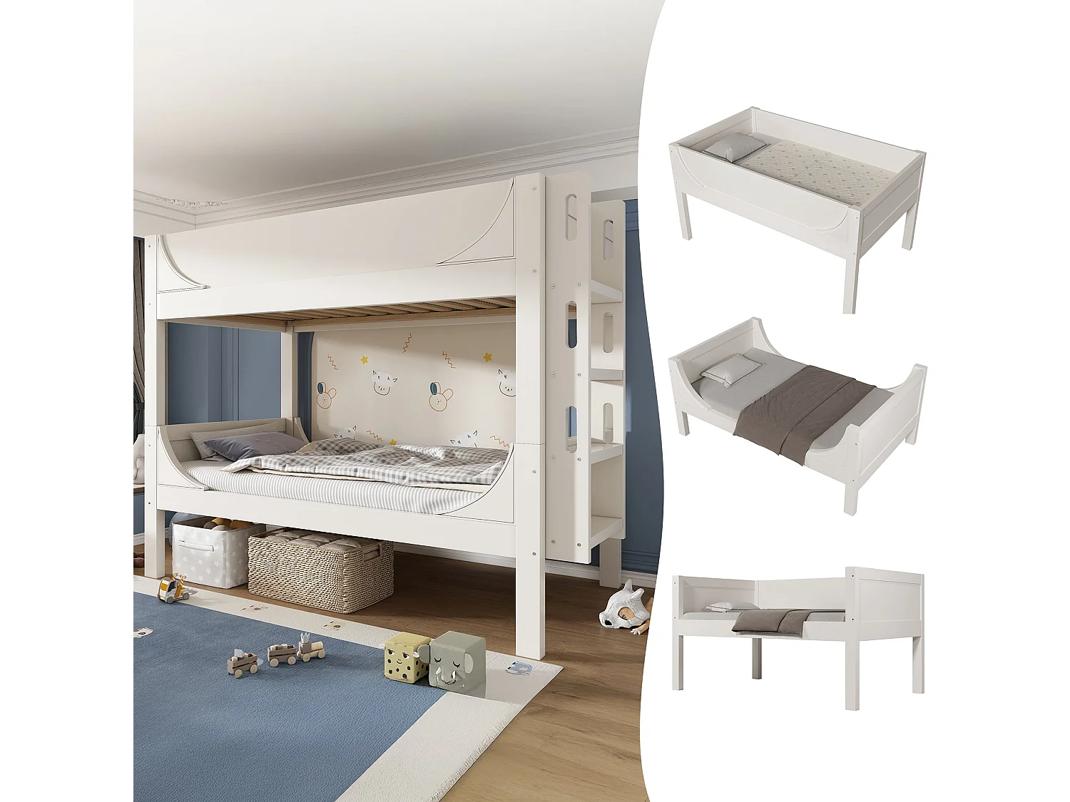 Lit superposé traîneau 90x200 cm, blanc, séparable en 2 lits simples, avec échelle modulable, sans matelas