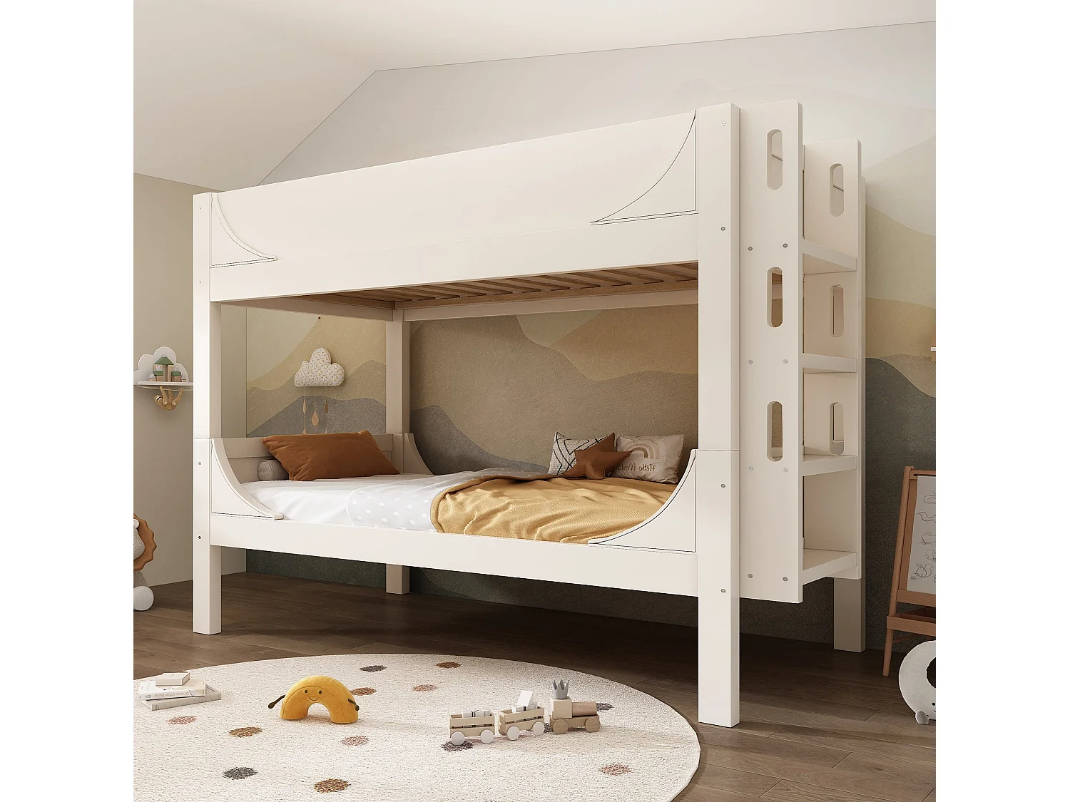Lit superposé traîneau 90x200 cm, blanc, séparable en 2 lits simples, avec échelle modulable, sans matelas