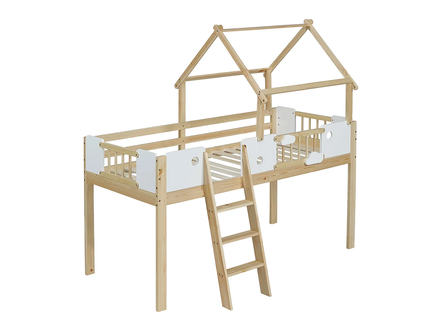 Lit haut enfant 90x200 cm, blanc et bois naturel, avec toit design, échelle inclinée, sans matelas