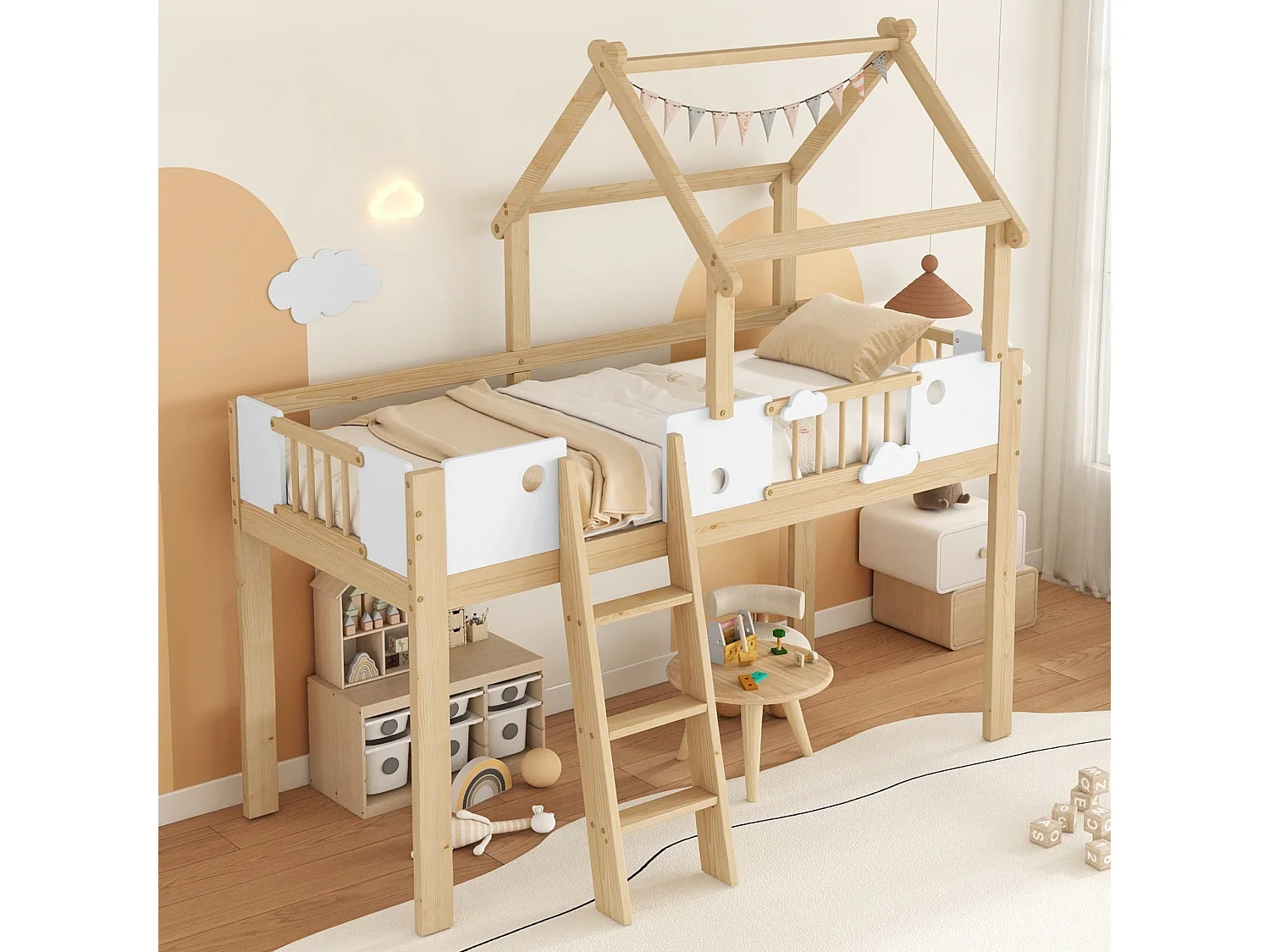 Lit haut enfant 90x200 cm, blanc et bois naturel, avec toit design, échelle inclinée, sans matelas