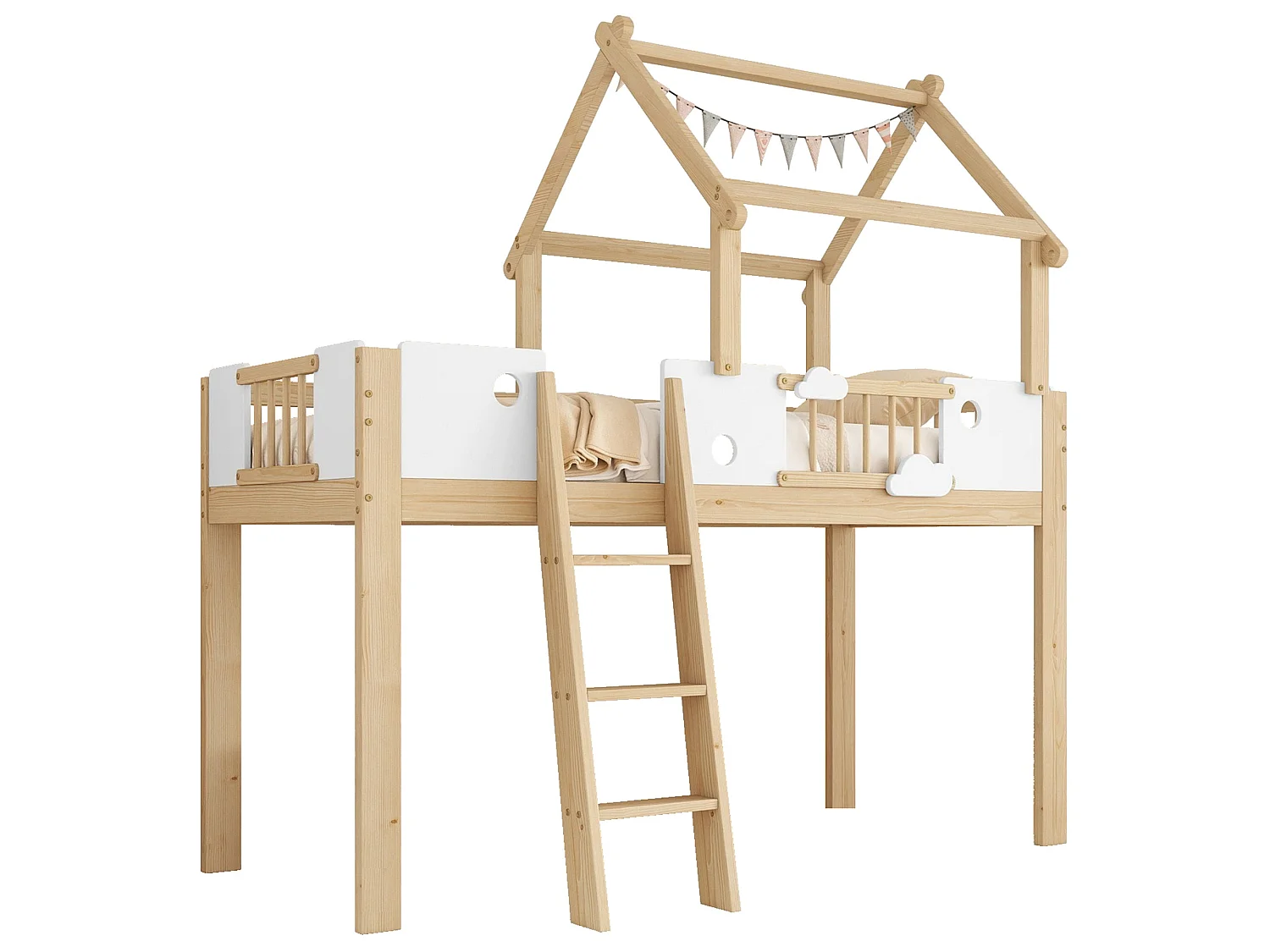 Lit haut enfant 90x200 cm, blanc et bois naturel, avec toit design, échelle inclinée, sans matelas