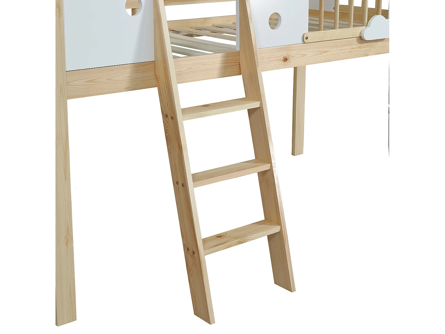 Lit haut enfant 90x200 cm, blanc et bois naturel, avec toit design, échelle inclinée, sans matelas