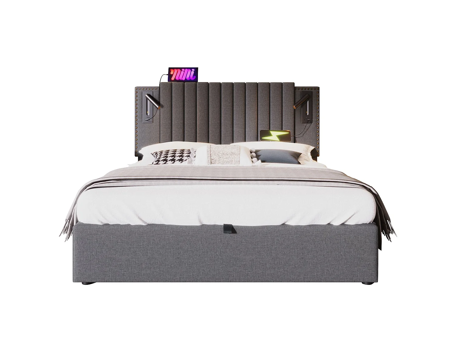 Lit double capitonné 140x200 cm, coton gris, avec lampe de lecture, ports USB et Type-C, rangement hydraulique, sans matelas
