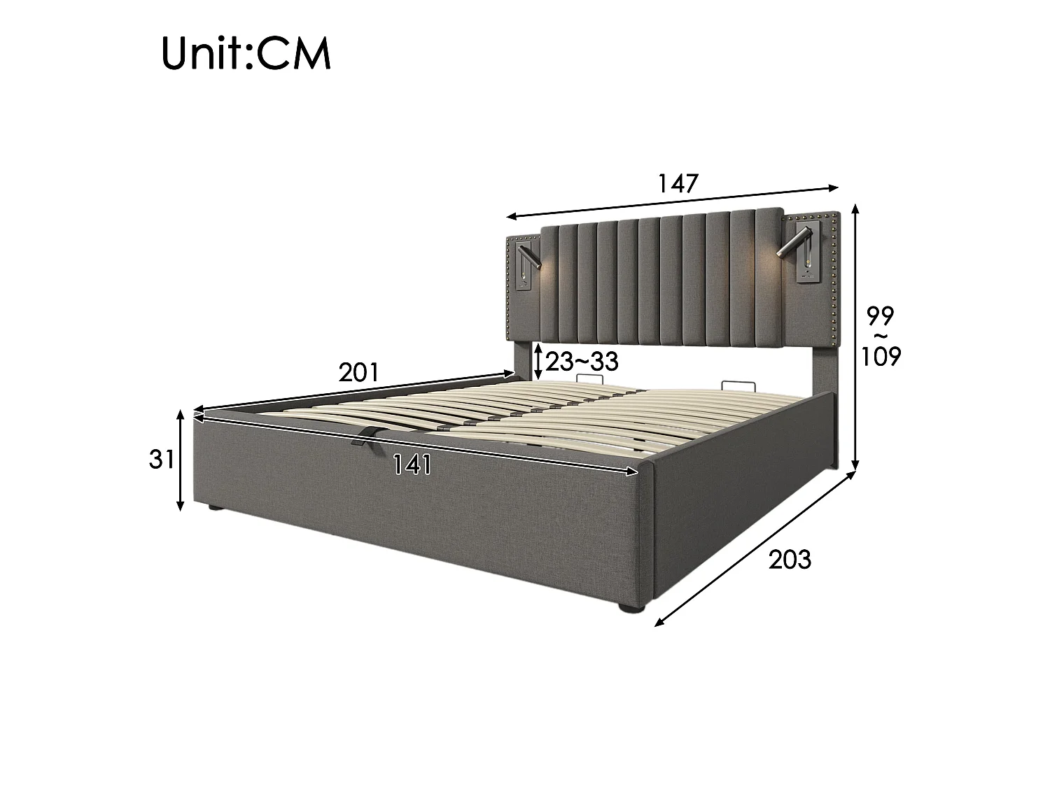 Lit double capitonné 140x200 cm, coton gris, avec lampe de lecture, ports USB et Type-C, rangement hydraulique, sans matelas