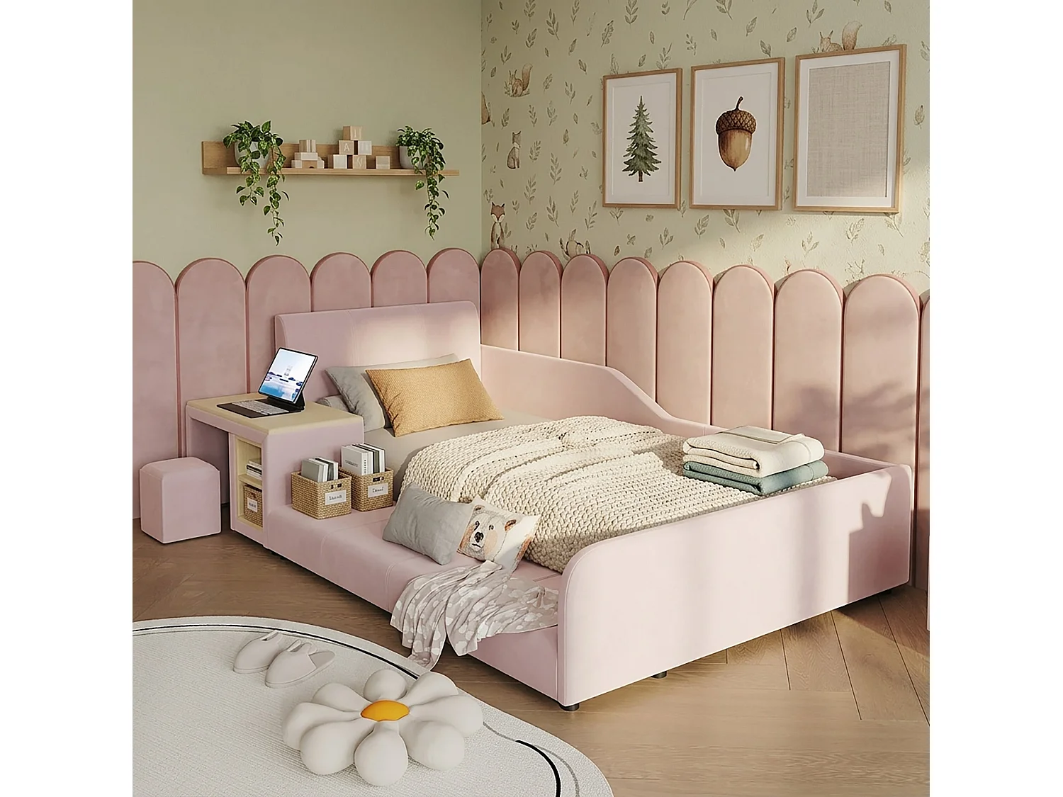 Lit enfant 90x200 cm, velours rose, avec bureau, tabouret et étagère, sans matelas