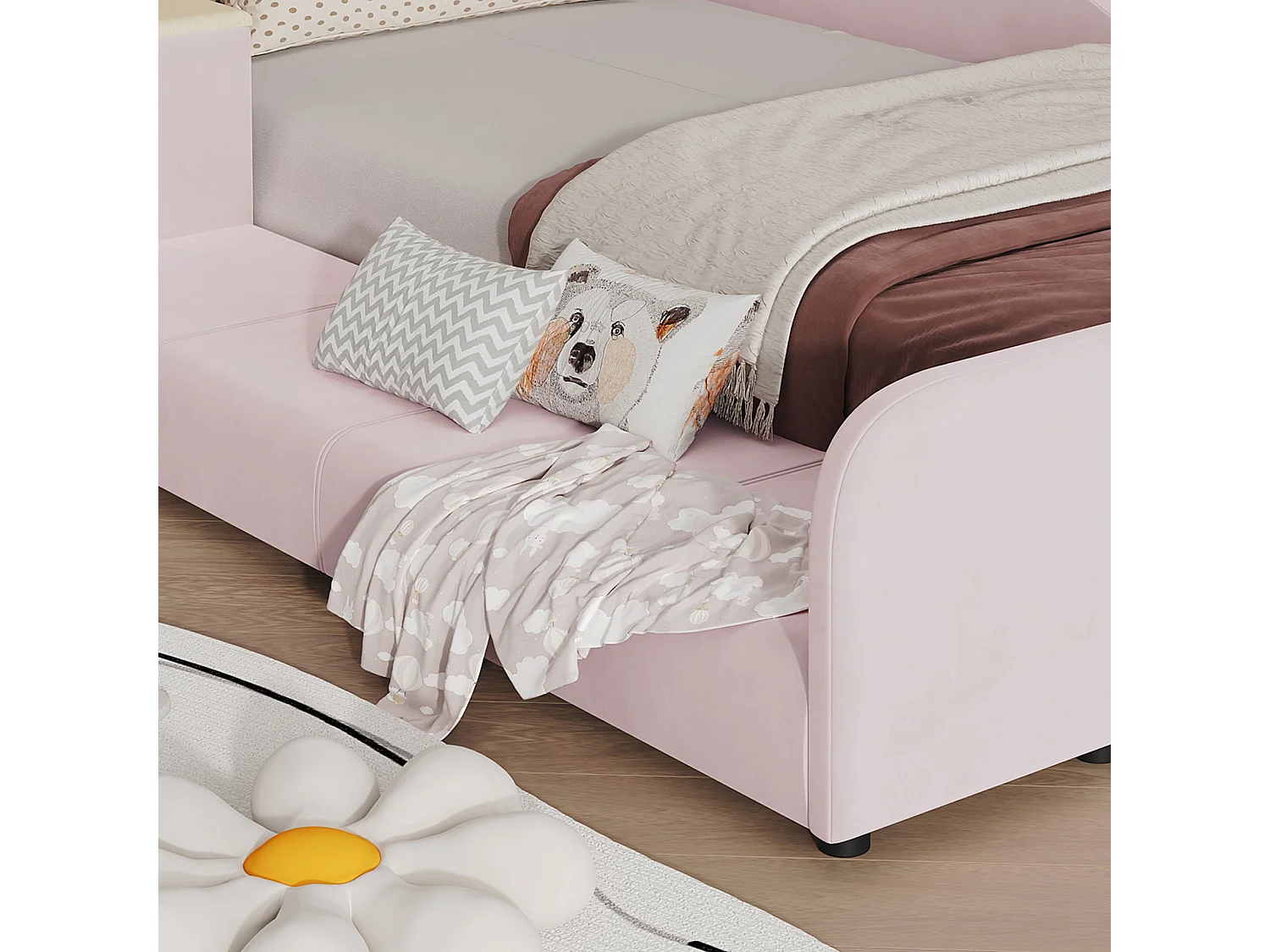 Lit enfant 90x200 cm, velours rose, avec bureau, tabouret et étagère, sans matelas