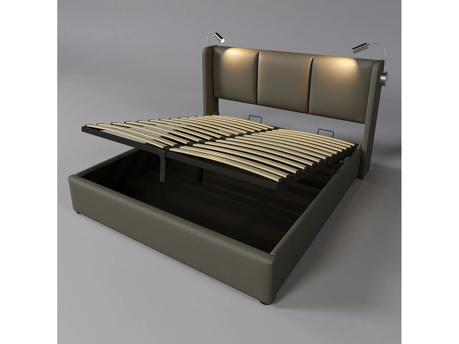 Lit double 180x200 cm, PU gris, avec lampe de lecture, ports USB, rangement hydraulique, sans matelas