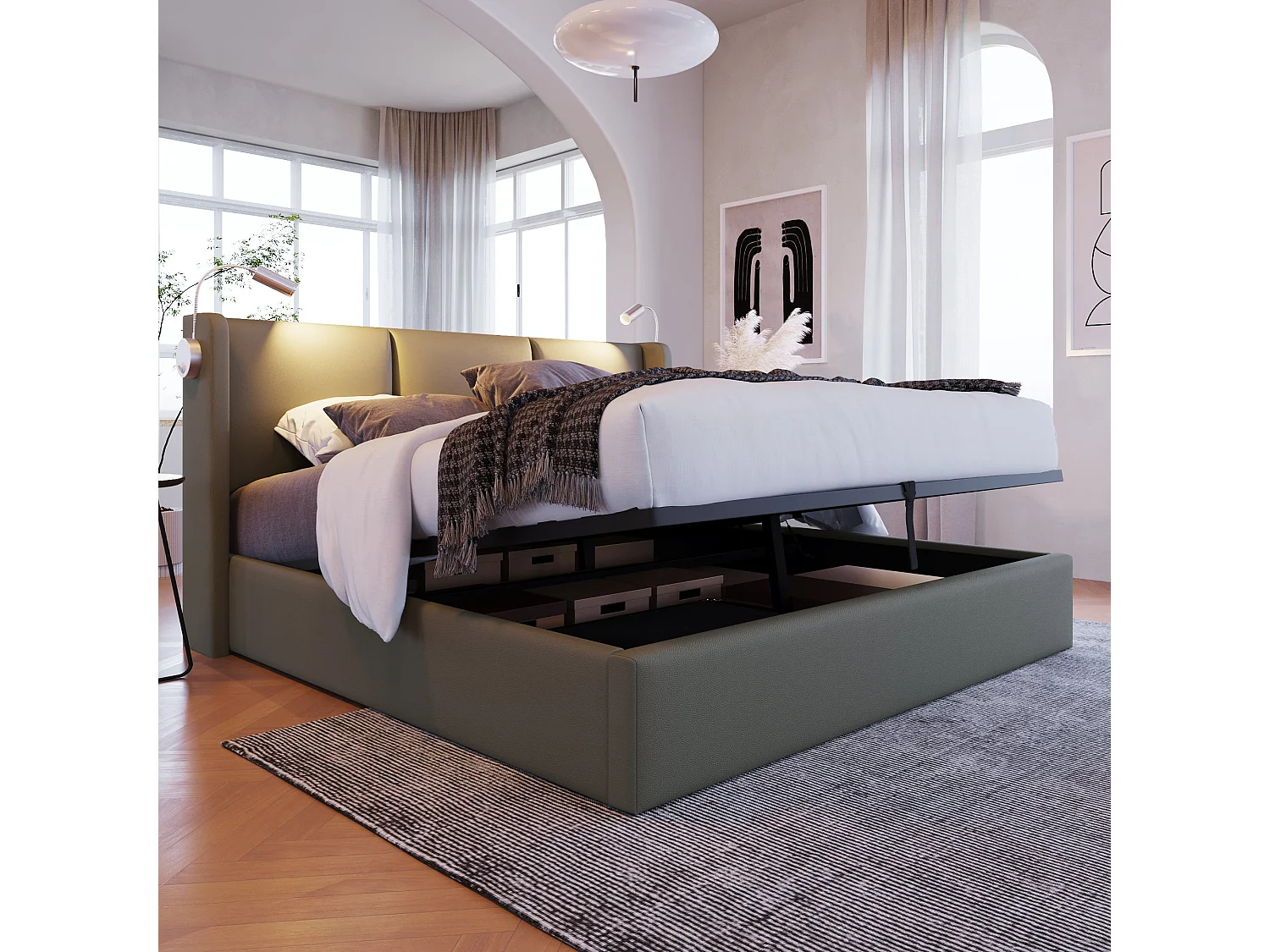 Lit double 180x200 cm, PU gris, avec lampe de lecture, ports USB, rangement hydraulique, sans matelas