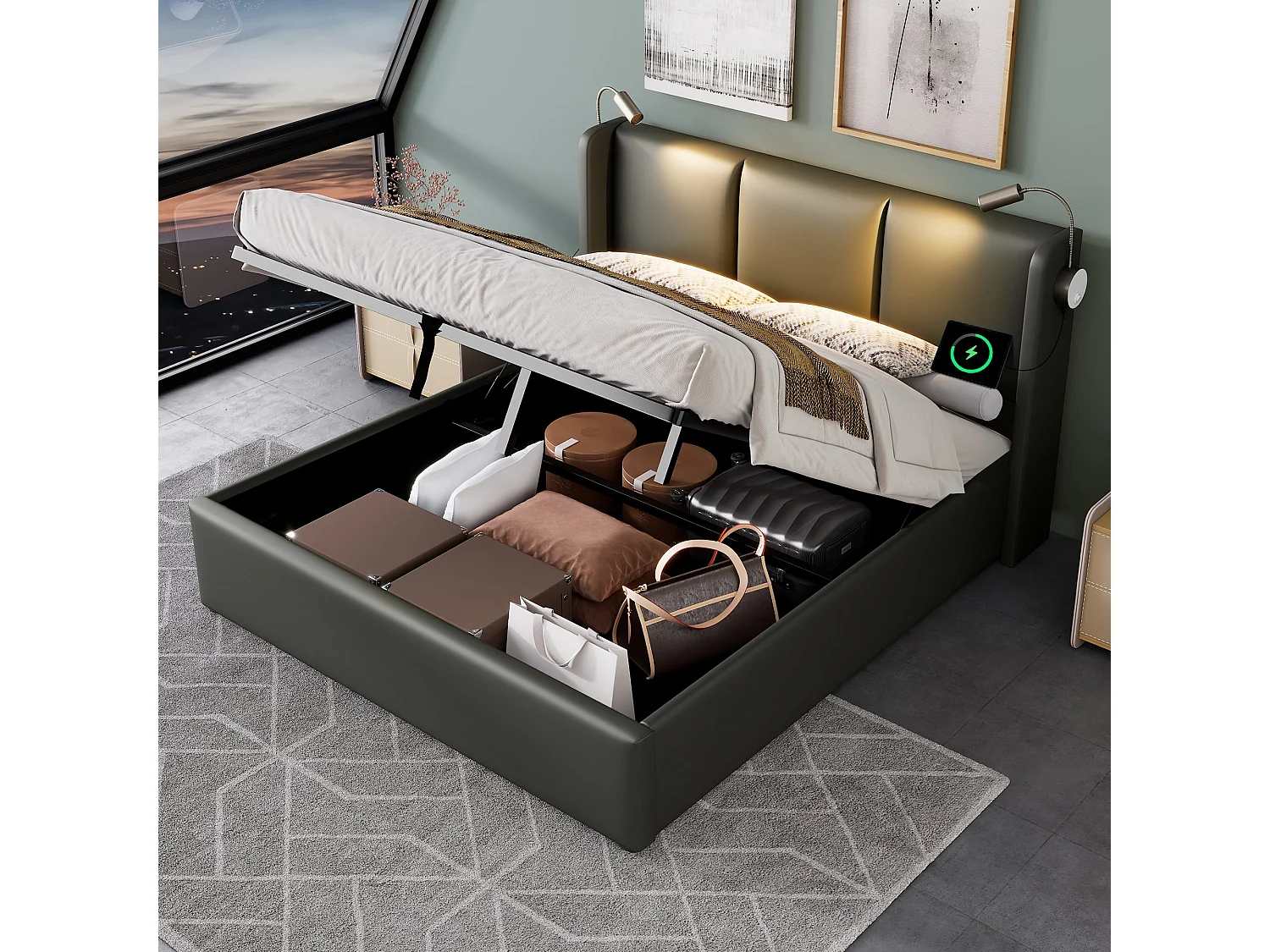 Lit double 180x200 cm, PU gris, avec lampe de lecture, ports USB, rangement hydraulique, sans matelas