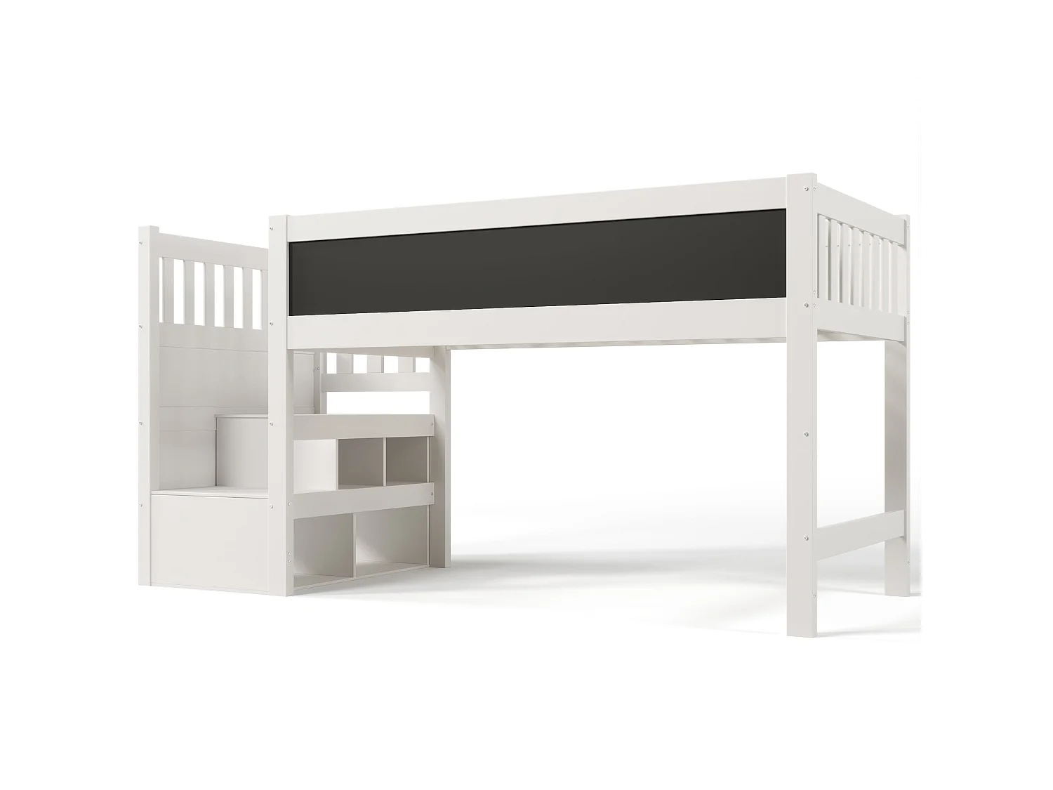 Lit enfant haut 90x200 cm, blanc, avec tableau d'écriture, rangement escalier et échelle modulable, sans matelas