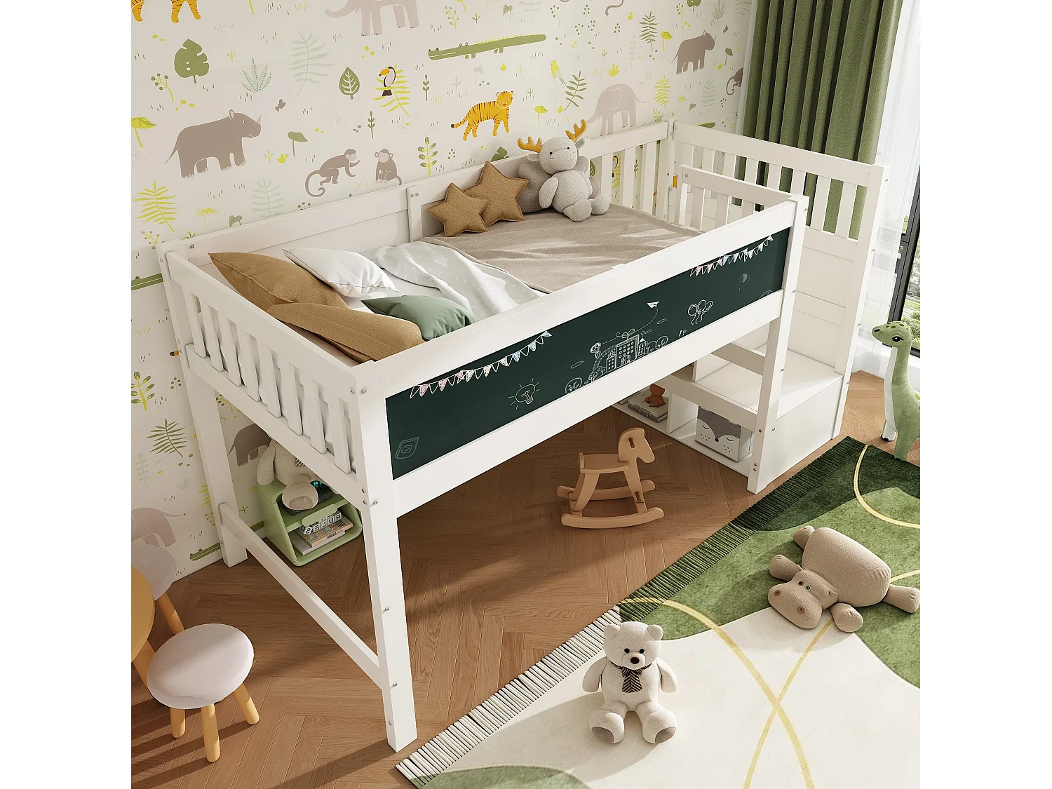 Lit enfant haut 90x200 cm, blanc, avec tableau d'écriture, rangement escalier et échelle modulable, sans matelas