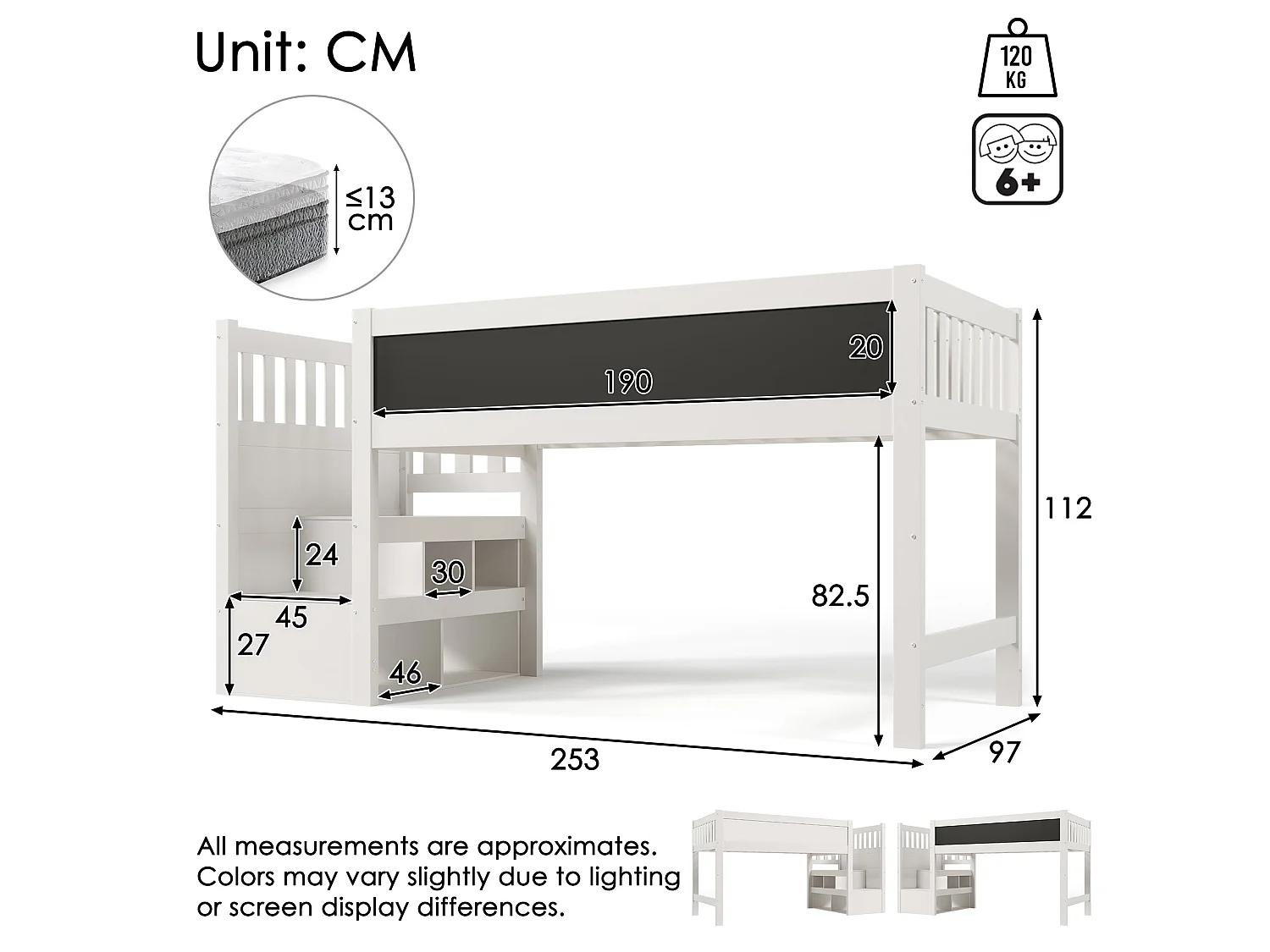 Lit enfant haut 90x200 cm, blanc, avec tableau d'écriture, rangement escalier et échelle modulable, sans matelas