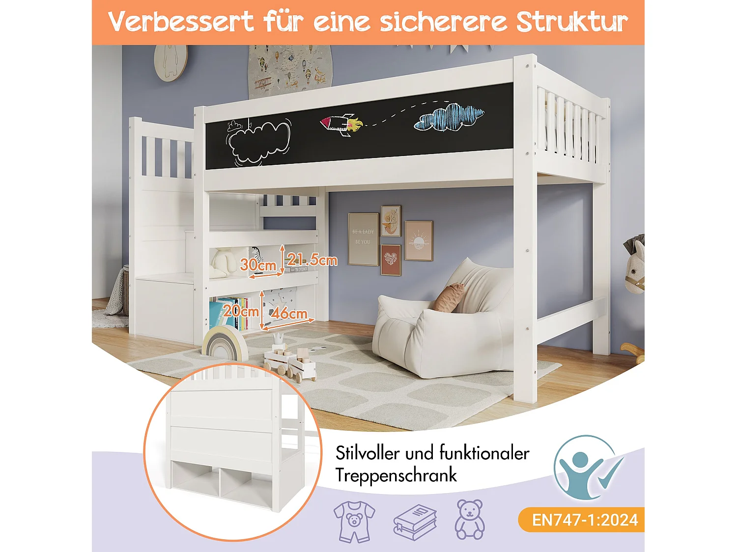 Lit enfant haut 90x200 cm, blanc, avec tableau d'écriture, rangement escalier et échelle modulable, sans matelas