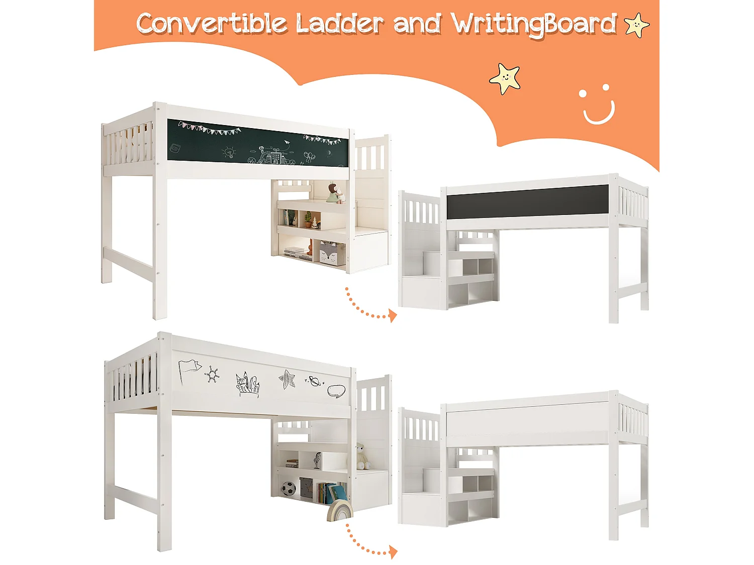 Lit enfant haut 90x200 cm, blanc, avec tableau d'écriture, rangement escalier et échelle modulable, sans matelas