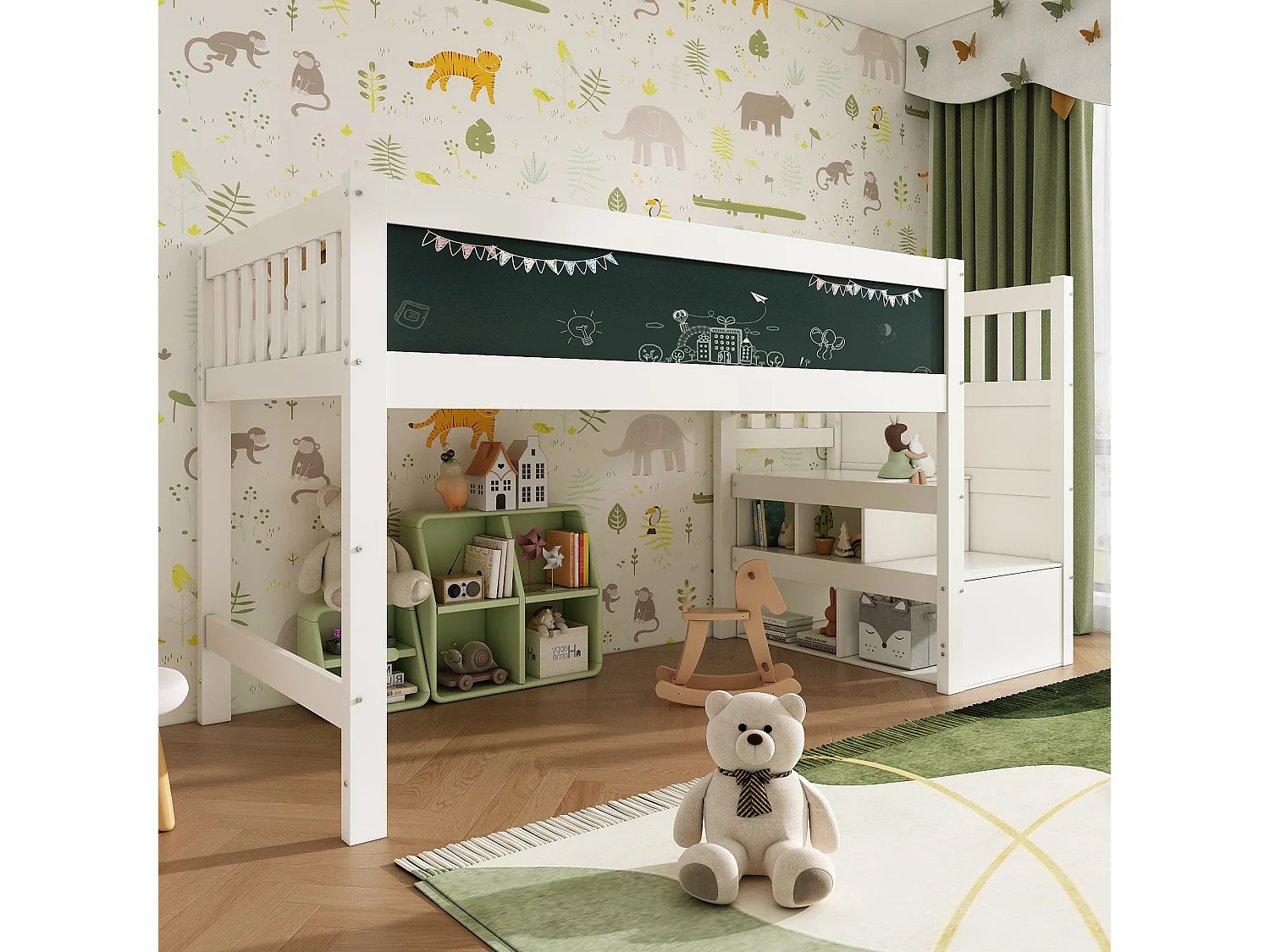 Lit enfant haut 90x200 cm, blanc, avec tableau d'écriture, rangement escalier et échelle modulable, sans matelas