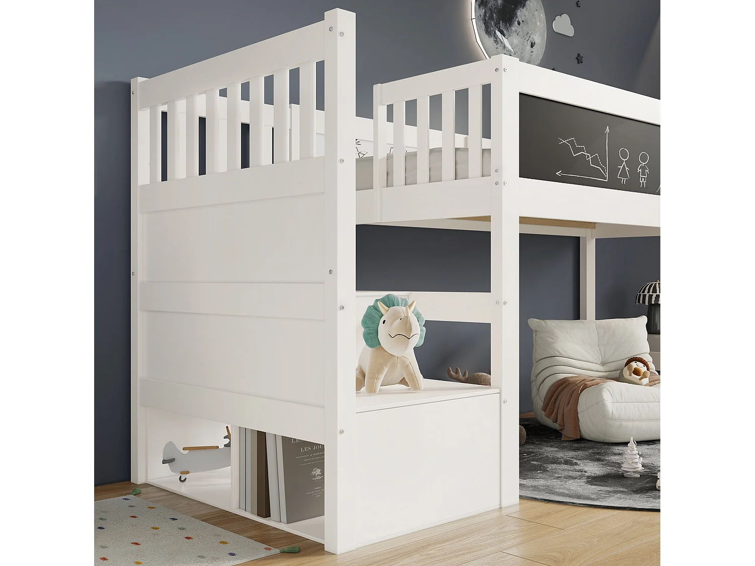 Lit enfant haut 90x200 cm, blanc, avec tableau d'écriture, rangement escalier et échelle modulable, sans matelas