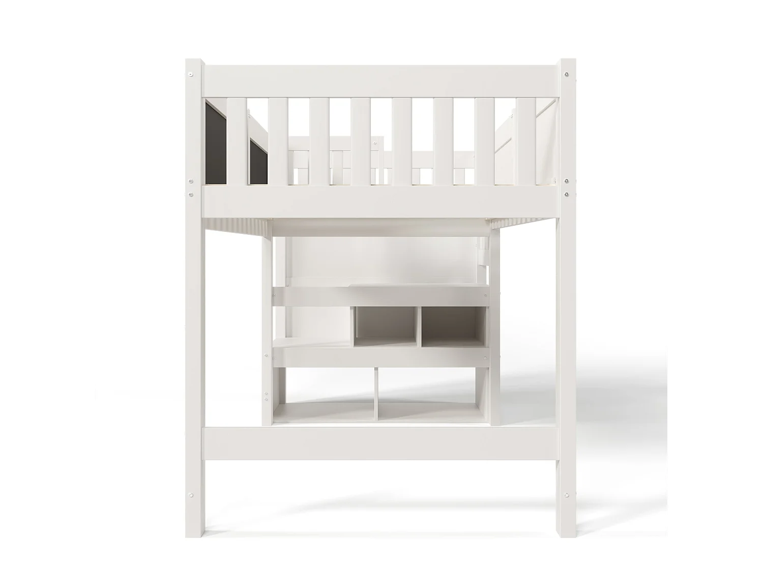 Lit enfant haut 90x200 cm, blanc, avec tableau d'écriture, rangement escalier et échelle modulable, sans matelas