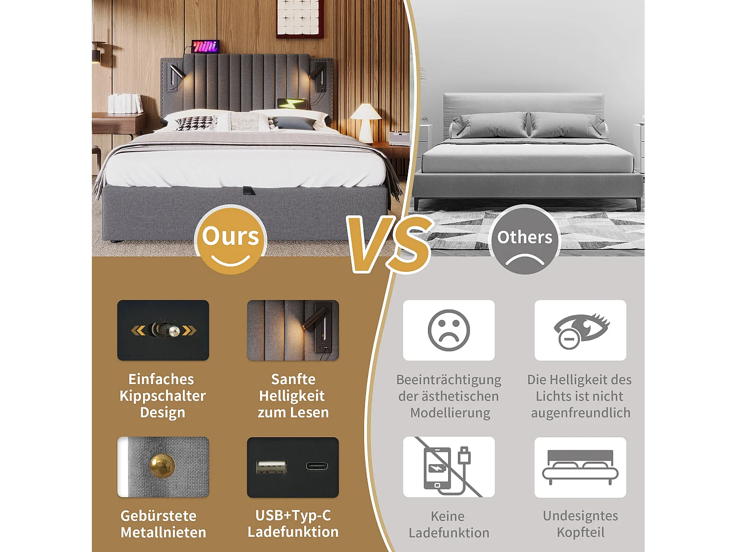 Lit double capitonné 180x200 cm, coton gris, avec lampe de lecture, ports USB et Type-C, rangement hydraulique, sans matelas