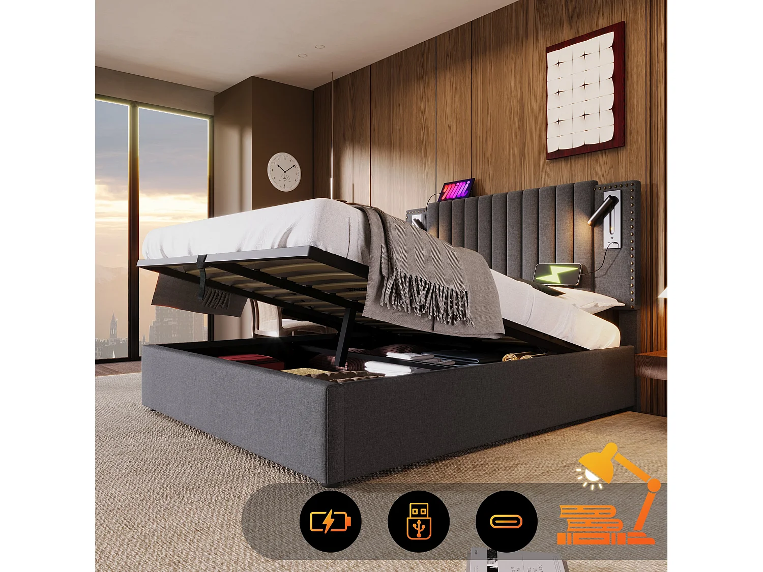 Lit double capitonné 180x200 cm, coton gris, avec lampe de lecture, ports USB et Type-C, rangement hydraulique, sans matelas