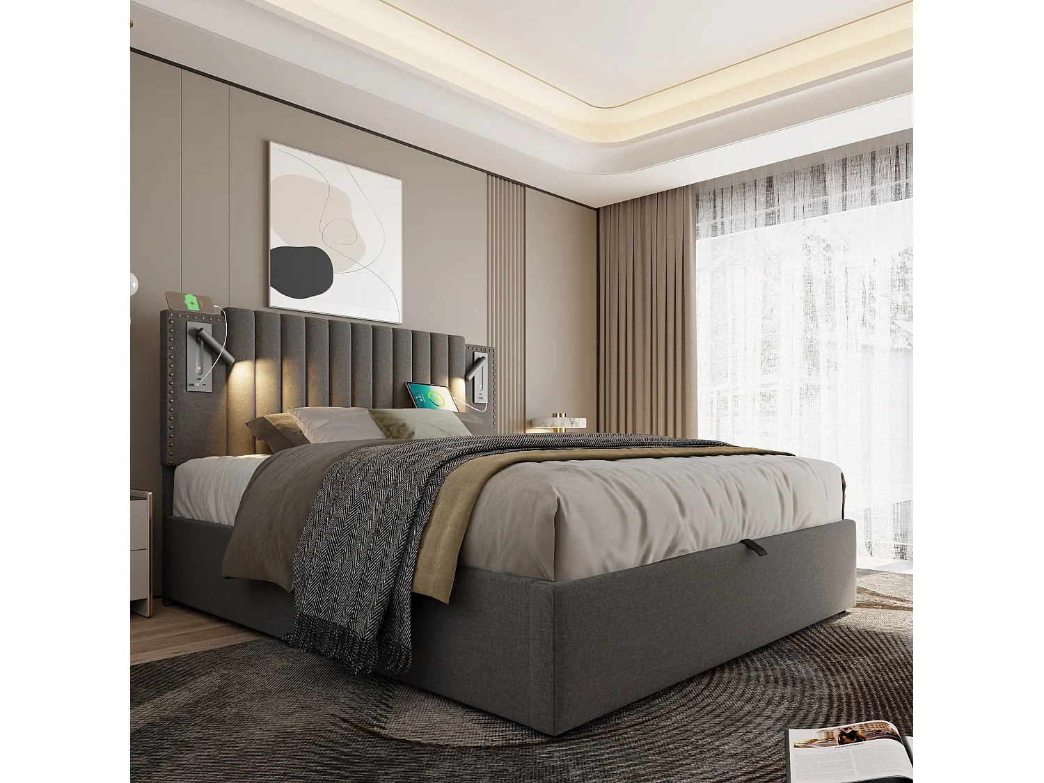 Lit double capitonné 180x200 cm, coton gris, avec lampe de lecture, ports USB et Type-C, rangement hydraulique, sans matelas