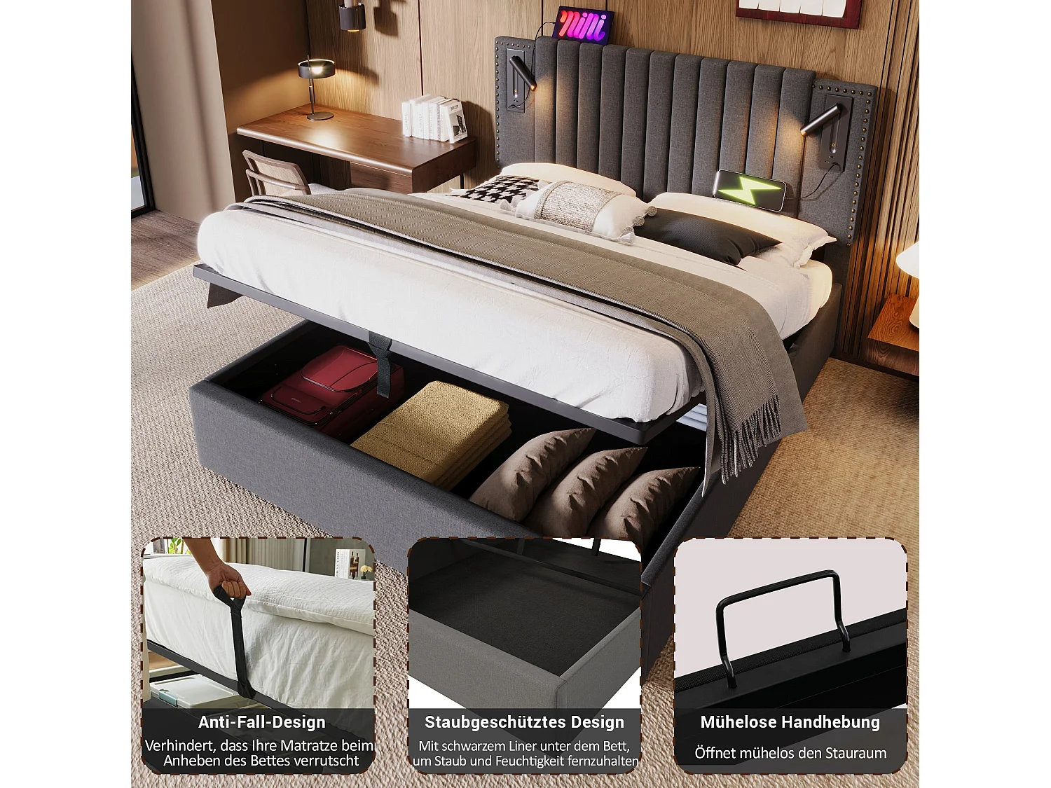 Lit double capitonné 180x200 cm, coton gris, avec lampe de lecture, ports USB et Type-C, rangement hydraulique, sans matelas