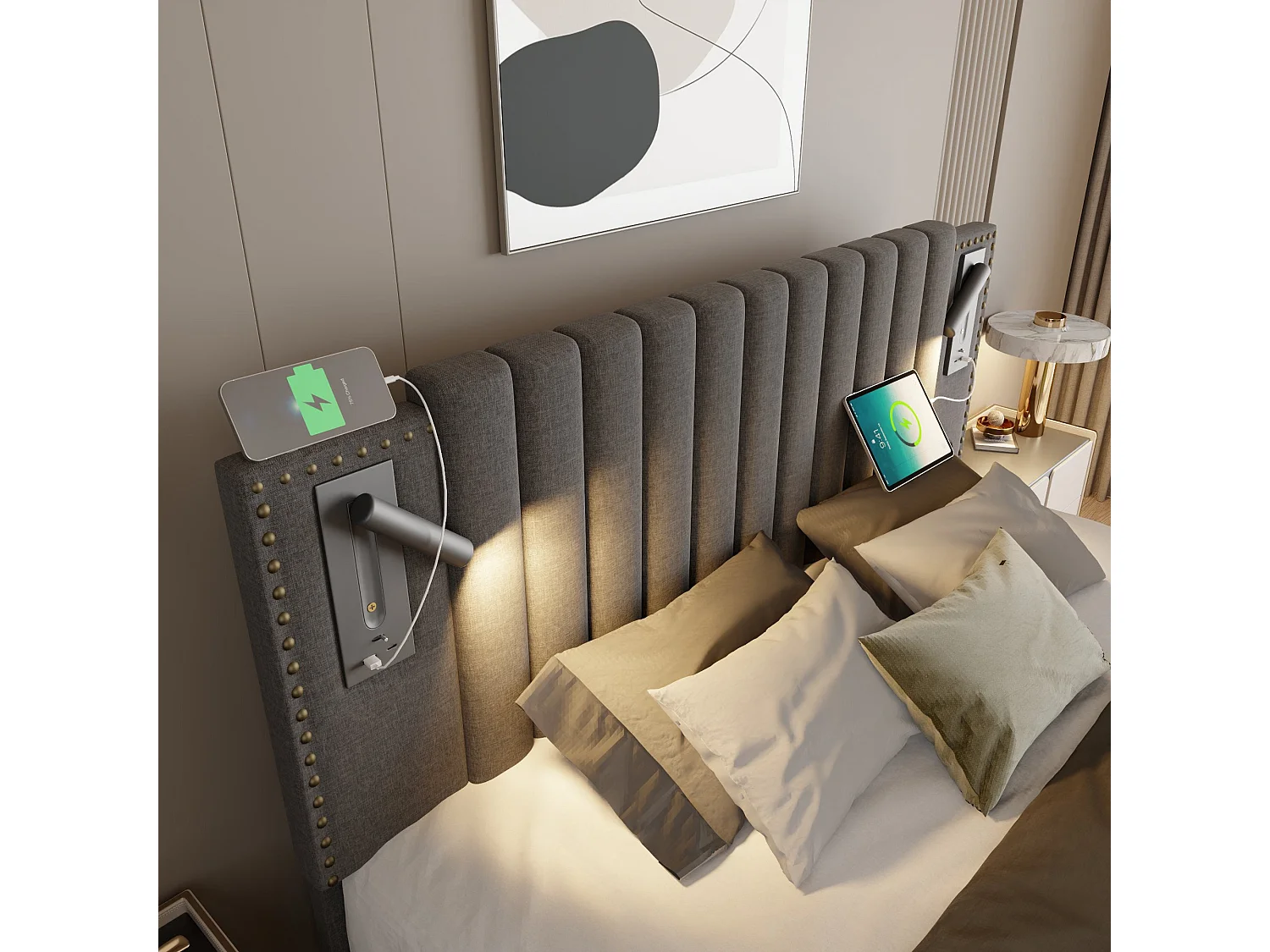 Lit double capitonné 180x200 cm, coton gris, avec lampe de lecture, ports USB et Type-C, rangement hydraulique, sans matelas